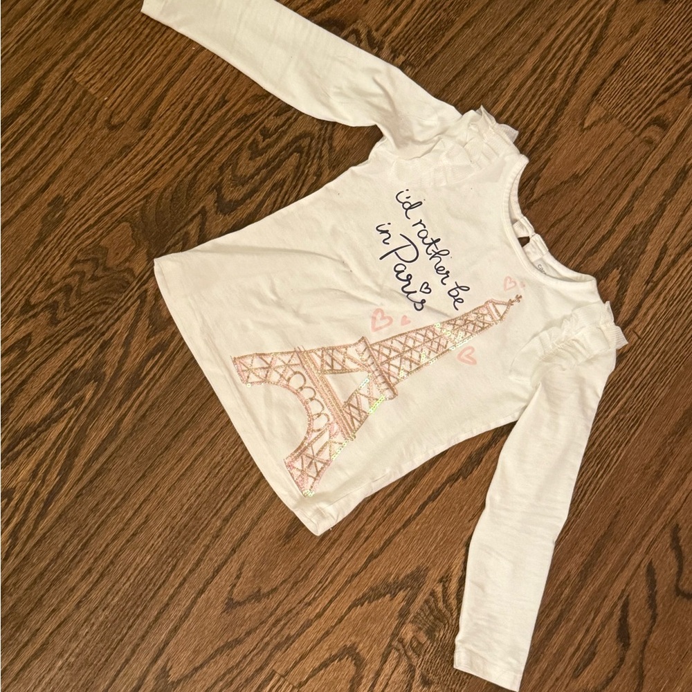 White Long Sleeve Tee with Ruffles and Eiffel Tower Design